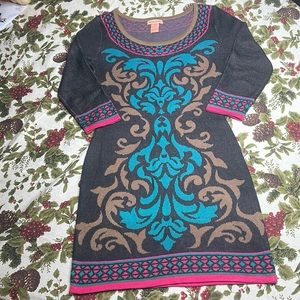 Flying Tomato knit mini sweater dress blue, pink, brown, black pattern size XS
